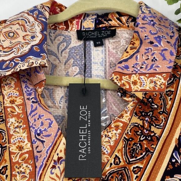 Rachel Zoe Boho Cropped Wrap Top Collared Multi XS New - Picture 6 of 12